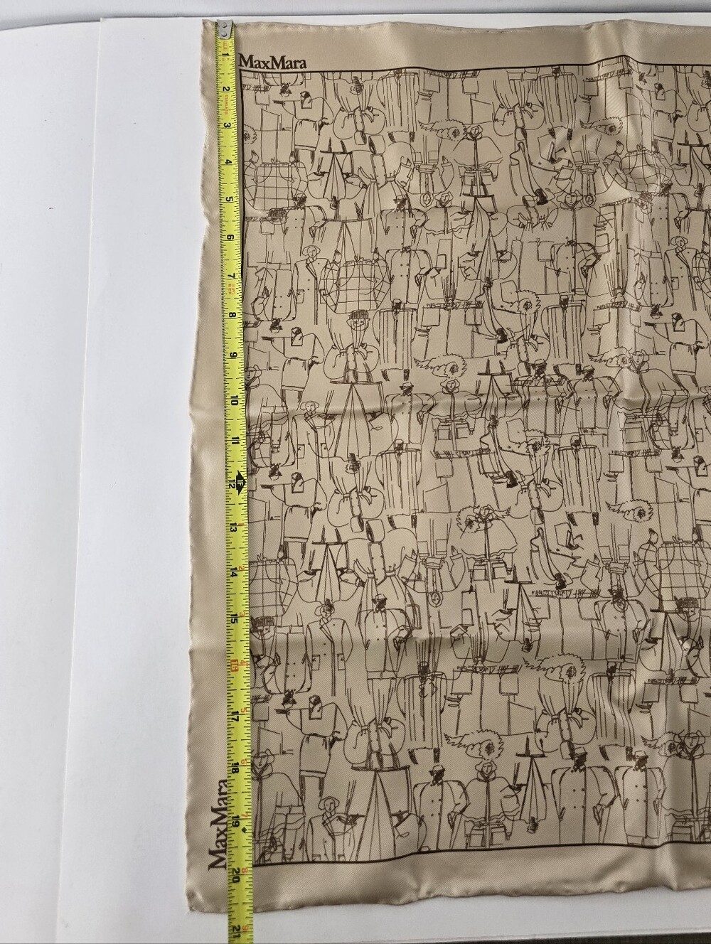 MaxMara Silk Hand Rolled Square Scarf Illustrated Sketch Print NIB NWT Tan Brown - Picture 9 of 16